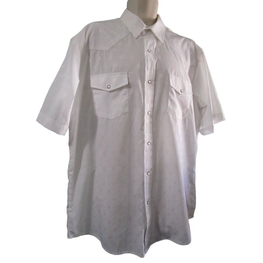 Roper Mens XL White Horse Shoe Damask Pearl Button Short Sleeve Western Shirt